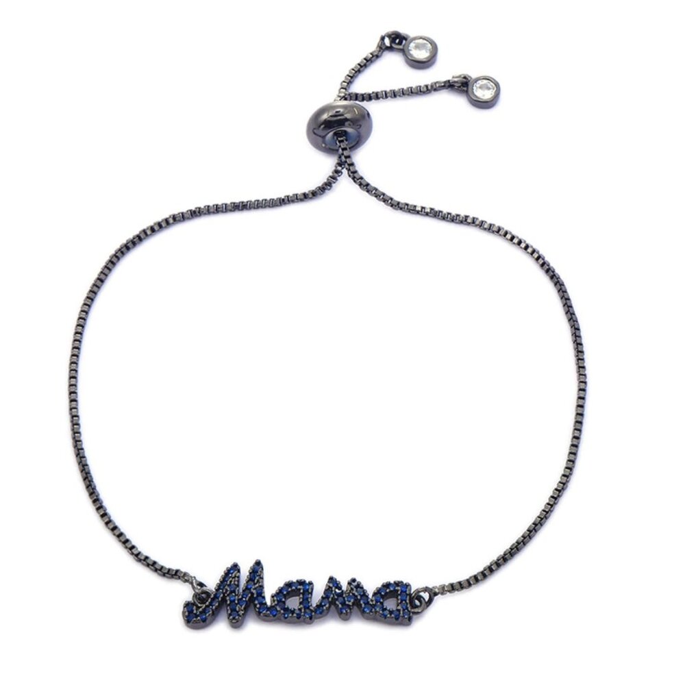 Mom To Be Boy Mama Blue Cubic Zirconia Black Thin Adjustable Bracelet